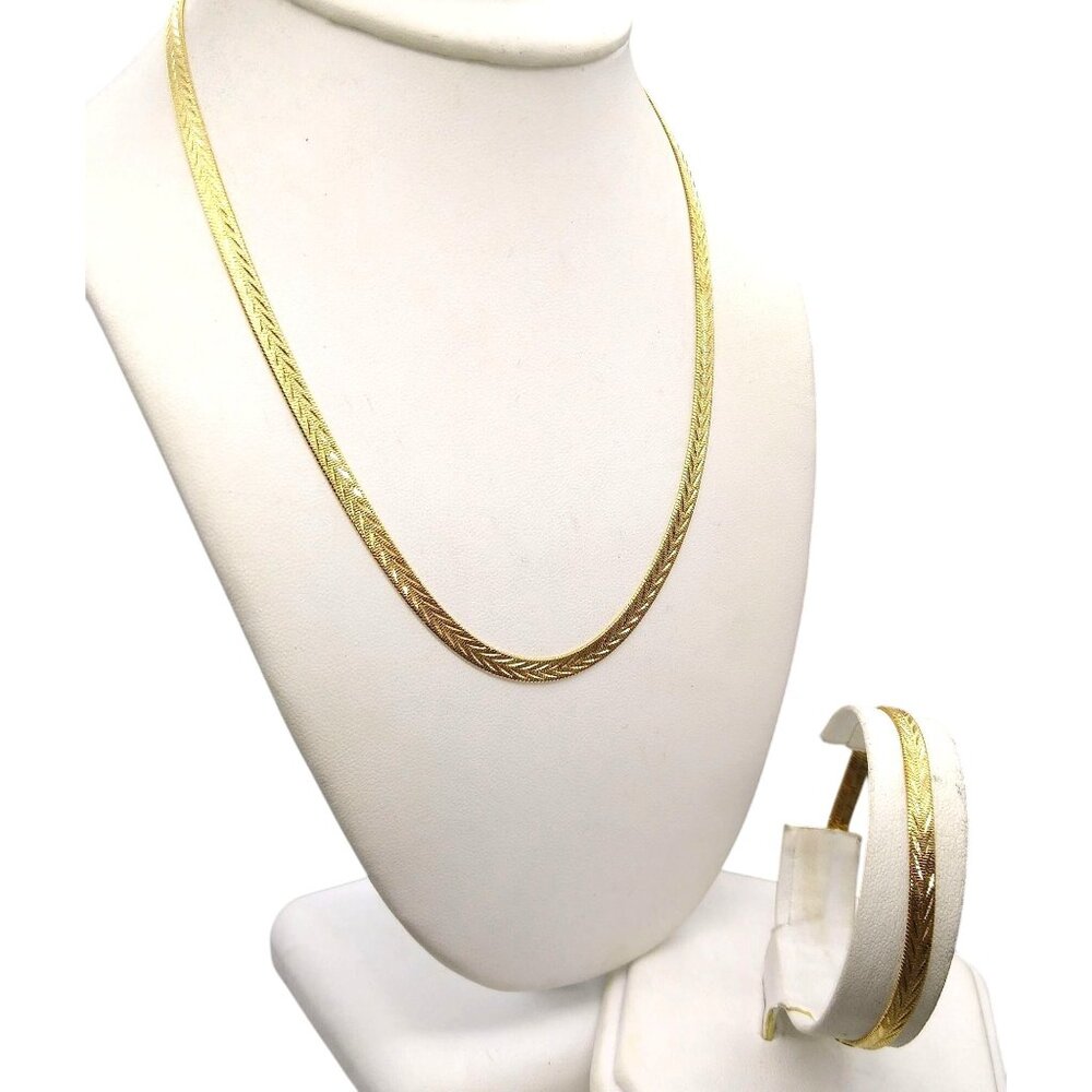 Gold Tone Reversible Herringbone Chain Necklace and Bracelet Set, Flat or Etched